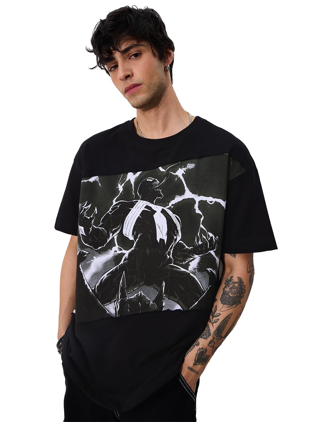 The Souled Store Official Venom : Roar Oversized T-Shirt for Men Boys Cotton Casual Half Sleeves Baggy Loose Fit Drop Shoulder R