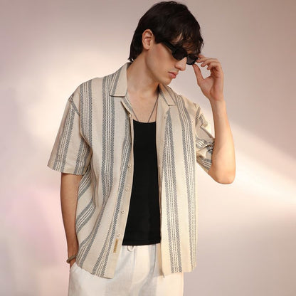 Campus Sutra Mens Saltbox Beige Woven Striped Oversized Shirt for Casual Wear | Cuban Collar | Short Sleeve | Button Closure |