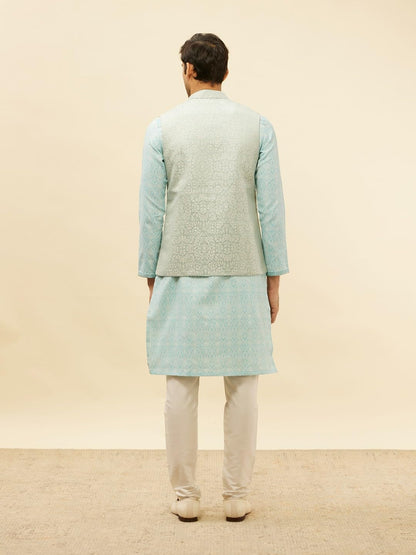 Manyavar Mens Blue Brocade JACQUARD Jacket