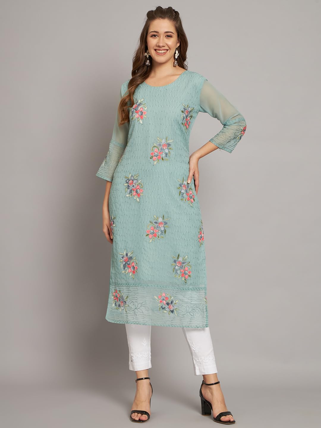 Ekasya WomenS Georgette Straight Cut Round Neck Kurta With Beautiful Floral Embroidery Work - Elegant Design, Comfortable Fit,