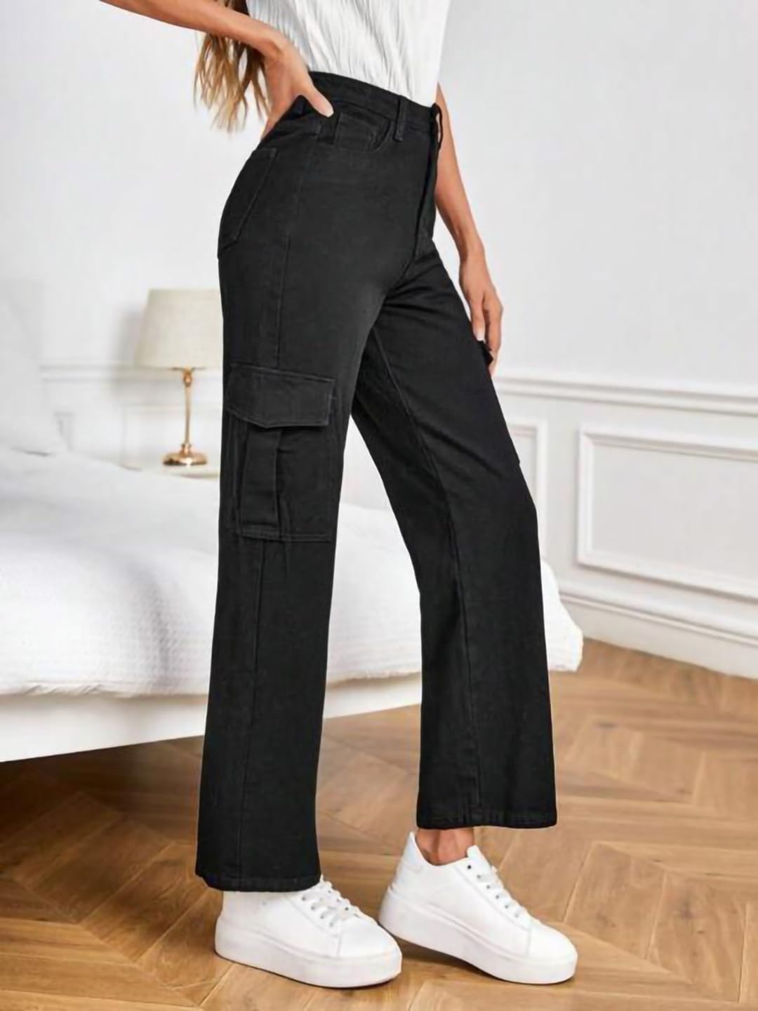 Kotty WomenS Solid High Rise Relaxed Fit Cargo Jeans