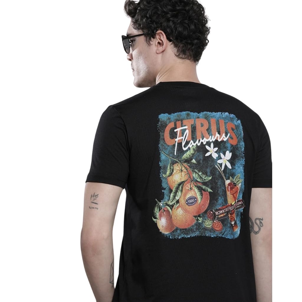 The Indian Garage Co Men Slim Fit Graphic Back Printed Round Neck Tshirt Black