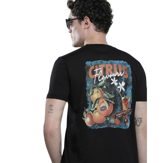 The Indian Garage Co Men Slim Fit Graphic Back Printed Round Neck Tshirt Black