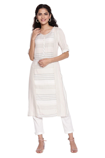 Aurelia Women's Viscose Regular Fit Geometric Round Neck FLA Kurta