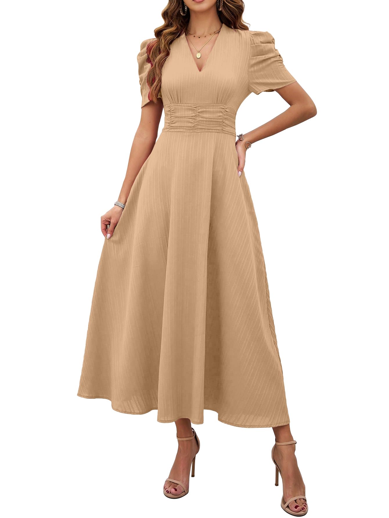Shasmi Girls & Womens Skin Solid Color V-Neck A-Line Maxi Dress for Women | New Year Party Outfit | Waist Cinched Puff Sleeve