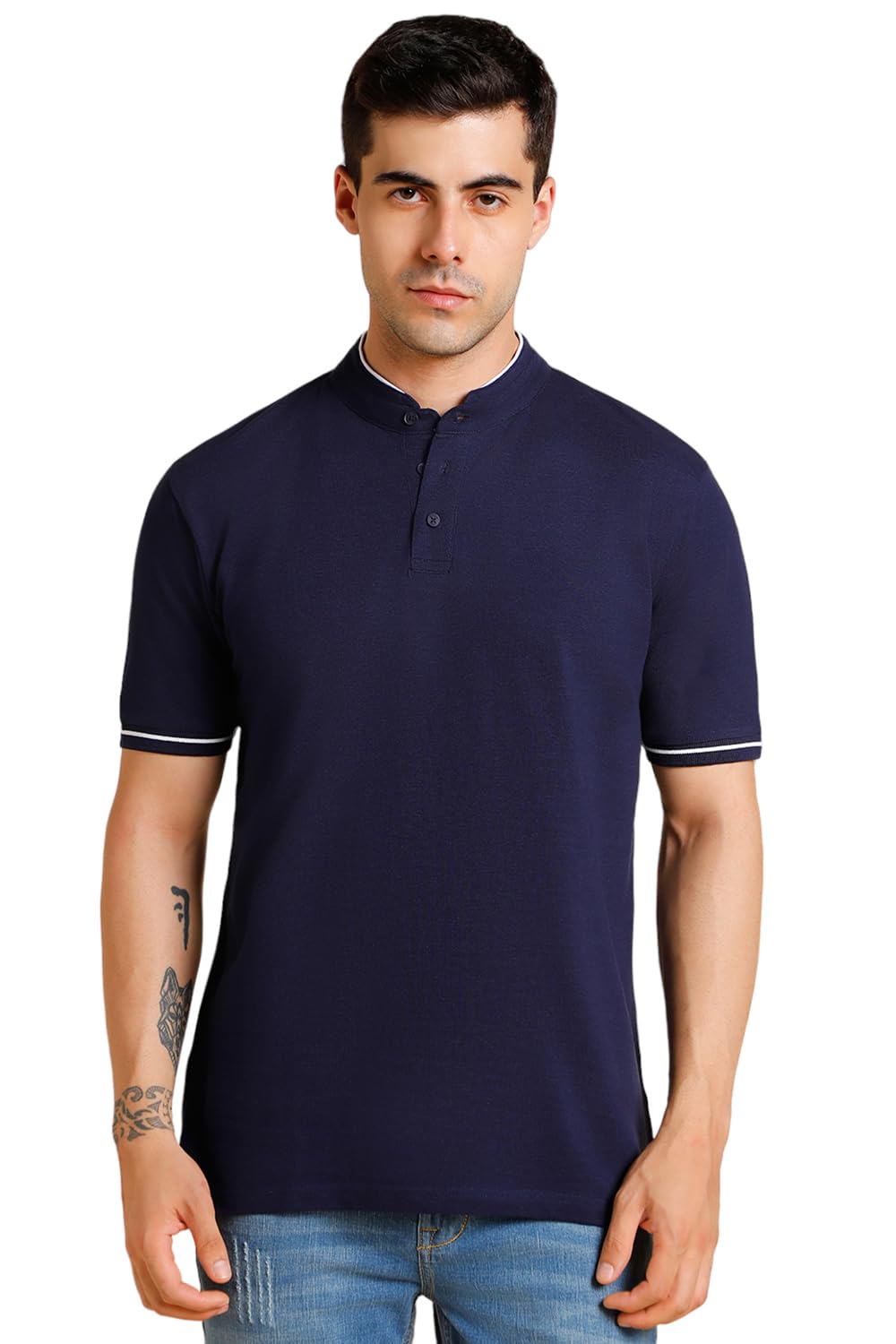 Dennis Lingo MenS Slim Fit Solid Navy Stand Collar T-Shirt
