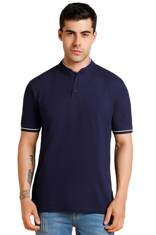 Dennis Lingo MenS Slim Fit Solid Navy Stand Collar T-Shirt