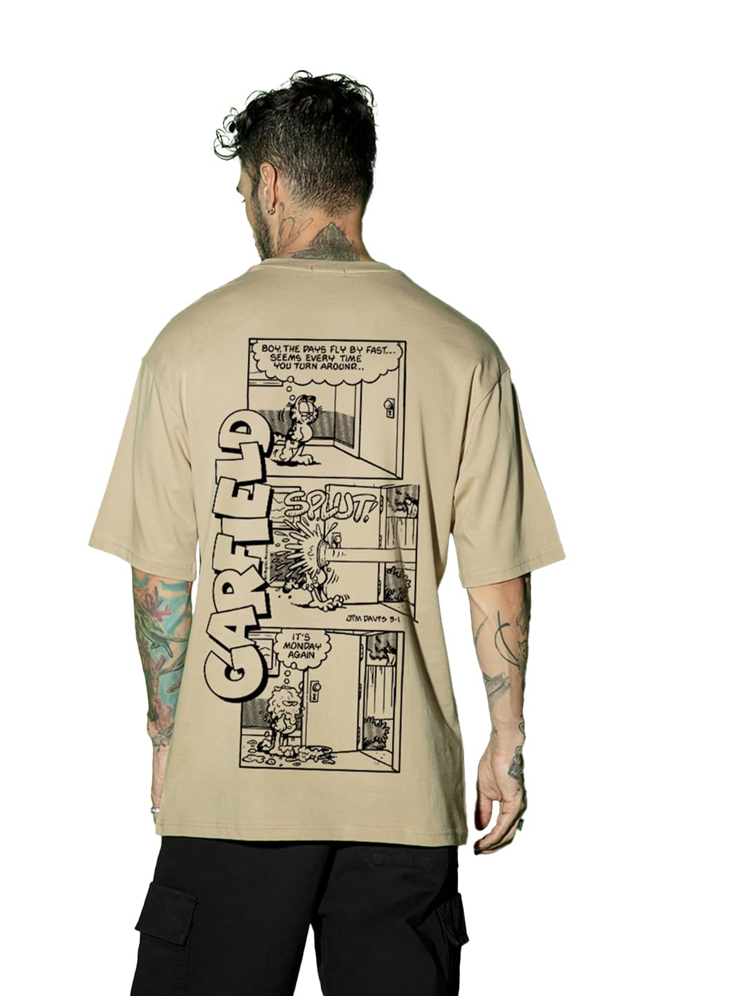 Bewakoof Official Garfield Merchandise Mens Graphic Printed Oversized T-Shirt_620160_Brown_2XL