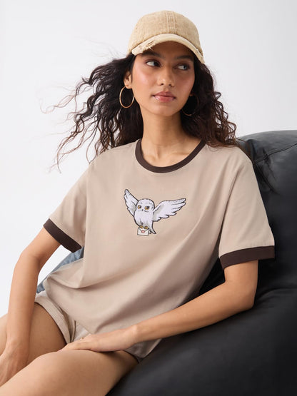 The Souled Store Harry Potter: Hedwig Women and Girls Short Sleeves Round Neck Beige Embroidered Cotton Relaxed Fit T-Shirts