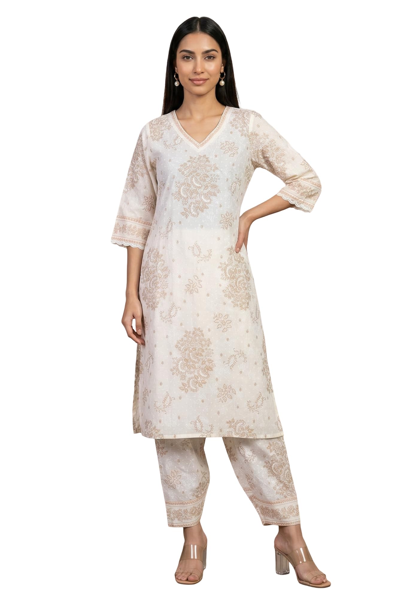 Aurelia Women'S Off White Floral Printed Lace Cotton Straight Kurta With Salwar Co-Ord Set - (As16646-510814-Xl)