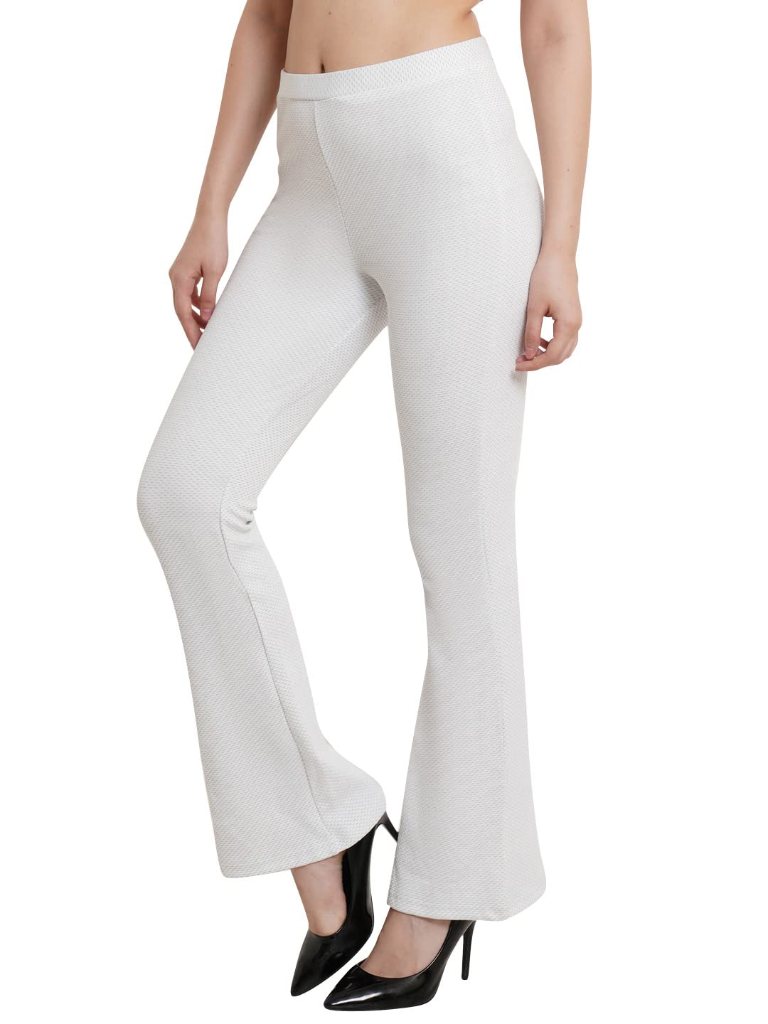 POPWINGS Casual White Sparkle Solid Mid Rise Bootcut Trouser for Women || Straight Leg Bootcut Trouser for Women || Regular Fit