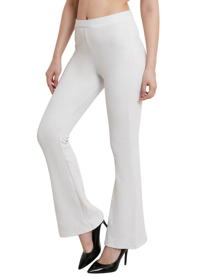 POPWINGS Casual White Sparkle Solid Mid Rise Bootcut Trouser for Women || Straight Leg Bootcut Trouser for Women || Regular Fit