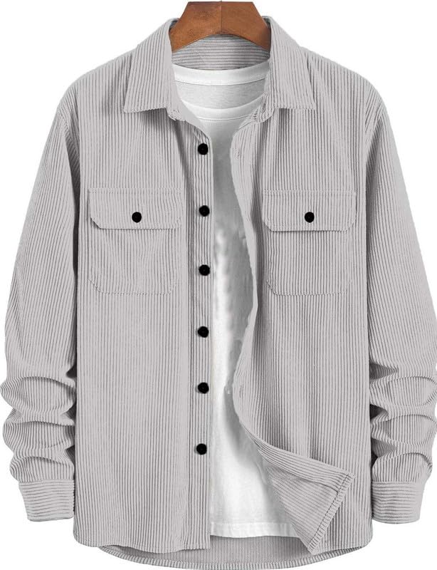 Deelmo MenS Full Sleeve Corduroy Shirt | Stylish Textured Casual Button-Down Shacket For Autumn Winter | Dual Pocket Front Desig