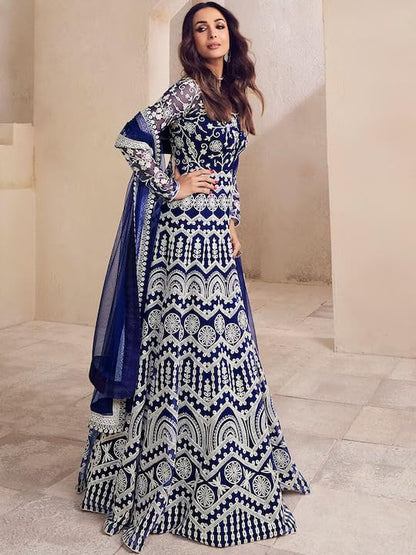 PATLANI Womens Naylon Net Embroiered Full Stitched Gown with Dupatta. Dark Blue