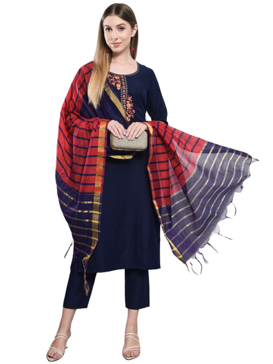 ANNI DESIGNER Womens Cotton Blend Solid Straight Kurta with Pants & Dupatta (RAGA-BLUE_XL_Blue_X-Large)