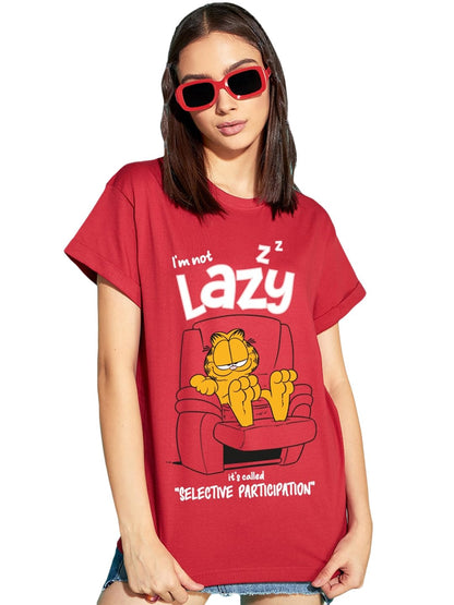 Bewakoof X Official Garfield Merchandise Womens Selective Participation Graphic Printed 100% Cotton Loose Fit T-Shirt - Boyfrie
