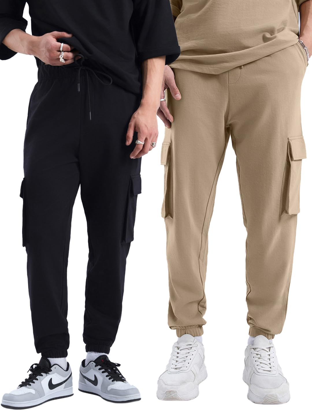 Bewakoof Air 1.0 Mens Solid Oversized Fit Terry Cargo Joggers(Pack of 2)_A4-552880-552891_Black & Brown_S