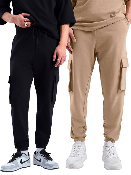 Bewakoof Mens Mid Rise Air 1.0 Solid Oversized Fit Terry Cargo Joggers(Pack of 2)_A4-552880-552891_Black & Brown_XL