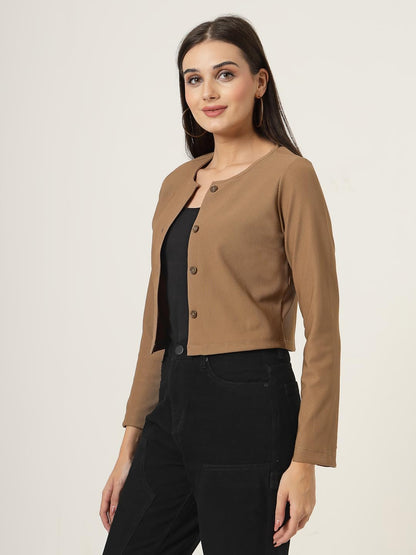 Style Quotient Women Tan Solid Rib Regular Fit Shrug