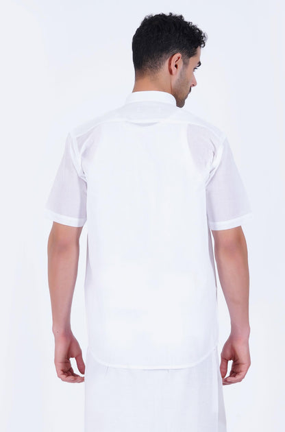 PRAKASAM COTTON Mono Cotton Blended Mandarin Collar Half Sleeve Shirt for Men White