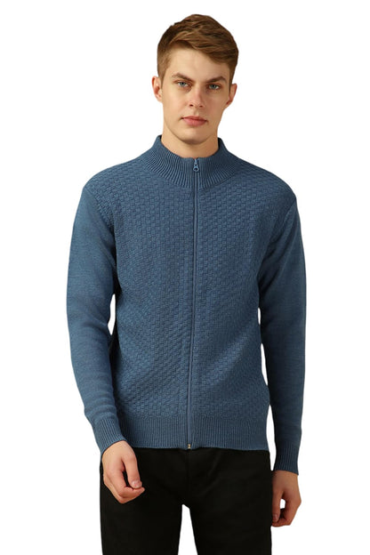 Dennis Lingo Men Blue Solid Slim Fit Full Sleeve Mock Collar Pullover Sweater