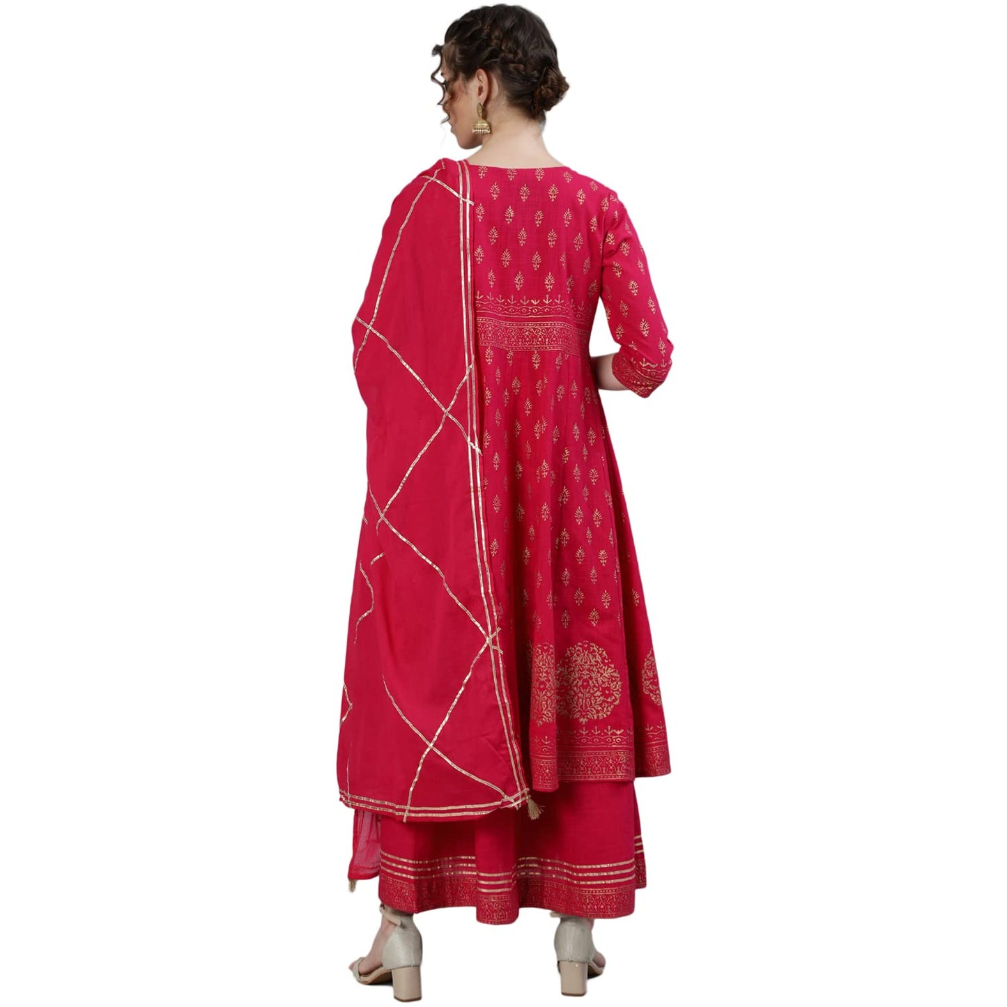 ishin Women's Cotton Anarkali Embellished Gotta Patti Ethnic Motifs Print Pink Kurti with Dupatta & Jacket