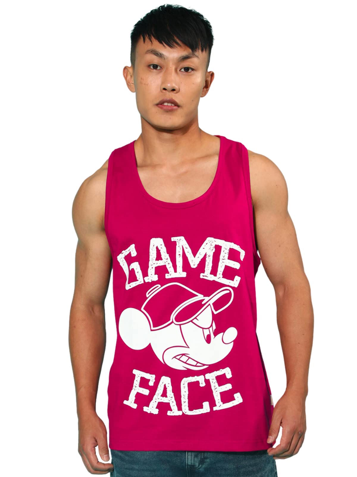 Veirdo Mens Game Face Disney Mickey Mouse Graphic and Typography Print Sleeveless Round-Neck Longline Regular Fit Vest