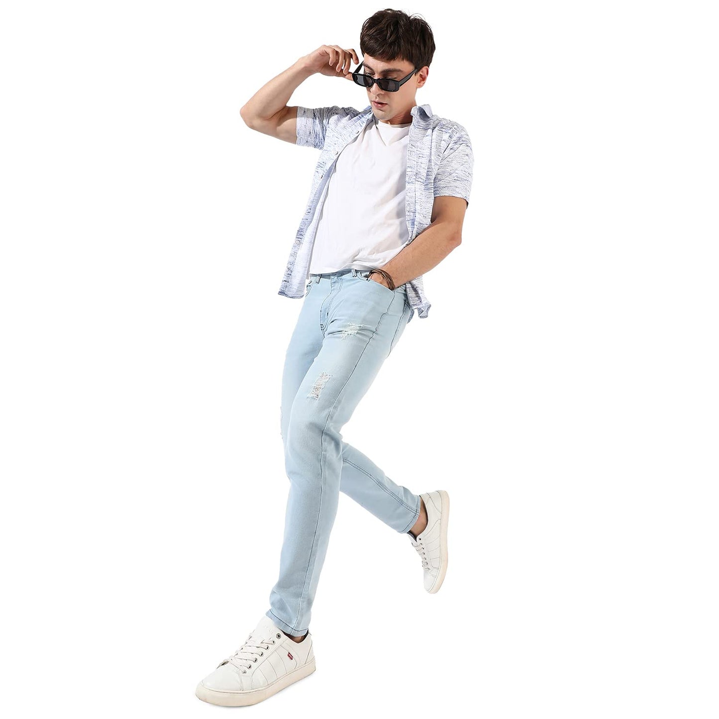 Campus Sutra Mens Classic Light Blue Light-Washed Distressed Patterned Denim Jeans, Regular Fit, Premium Stretchable Cotton Mid