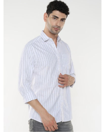 Mildin MenS White Pure Cotton Full Sleeve Spread Collar Regular Fit Striped Printed Formal Shirt With Patch Pocket (White Oxfor