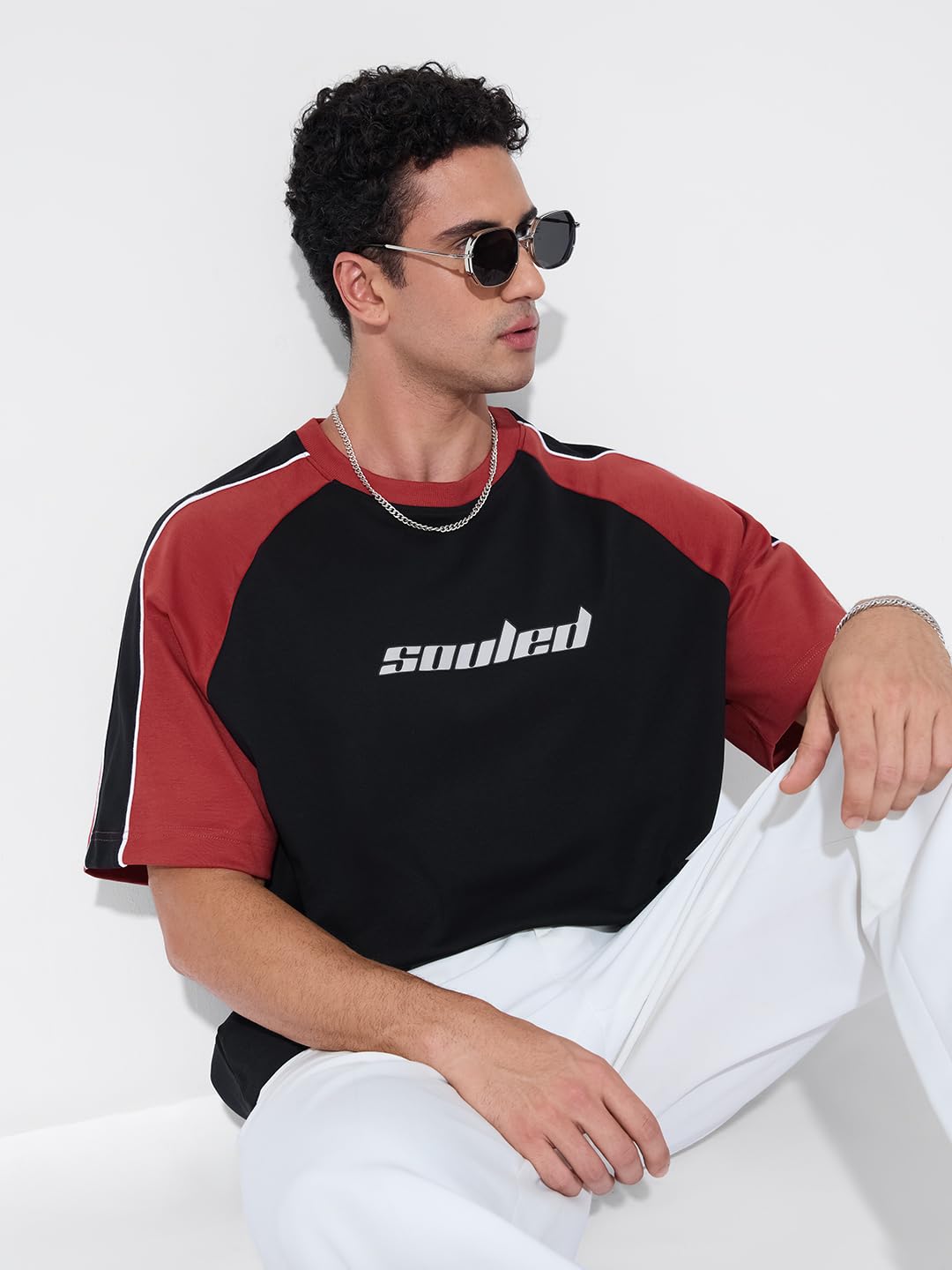 The Souled Store Oversized T-Shirt: Colourblock Black Blaze Men and Boys Short Sleeves Round Neck Black and Red Colour-Block Cot