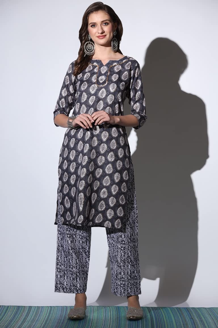 DHRUVI TRENDZ Kurti for Women | Cotton Blend Batik Leaf Printed Straight Kurtis | Boatneck Knee Length Kurtis for Women | Indian Kurta Perfect for Festival | Gift for Women |