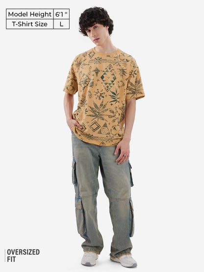 The Souled Store Kalahari Men and Boys Short Sleeve Round Neck Brown All Over Printed Cotton Oversized T-Shirts