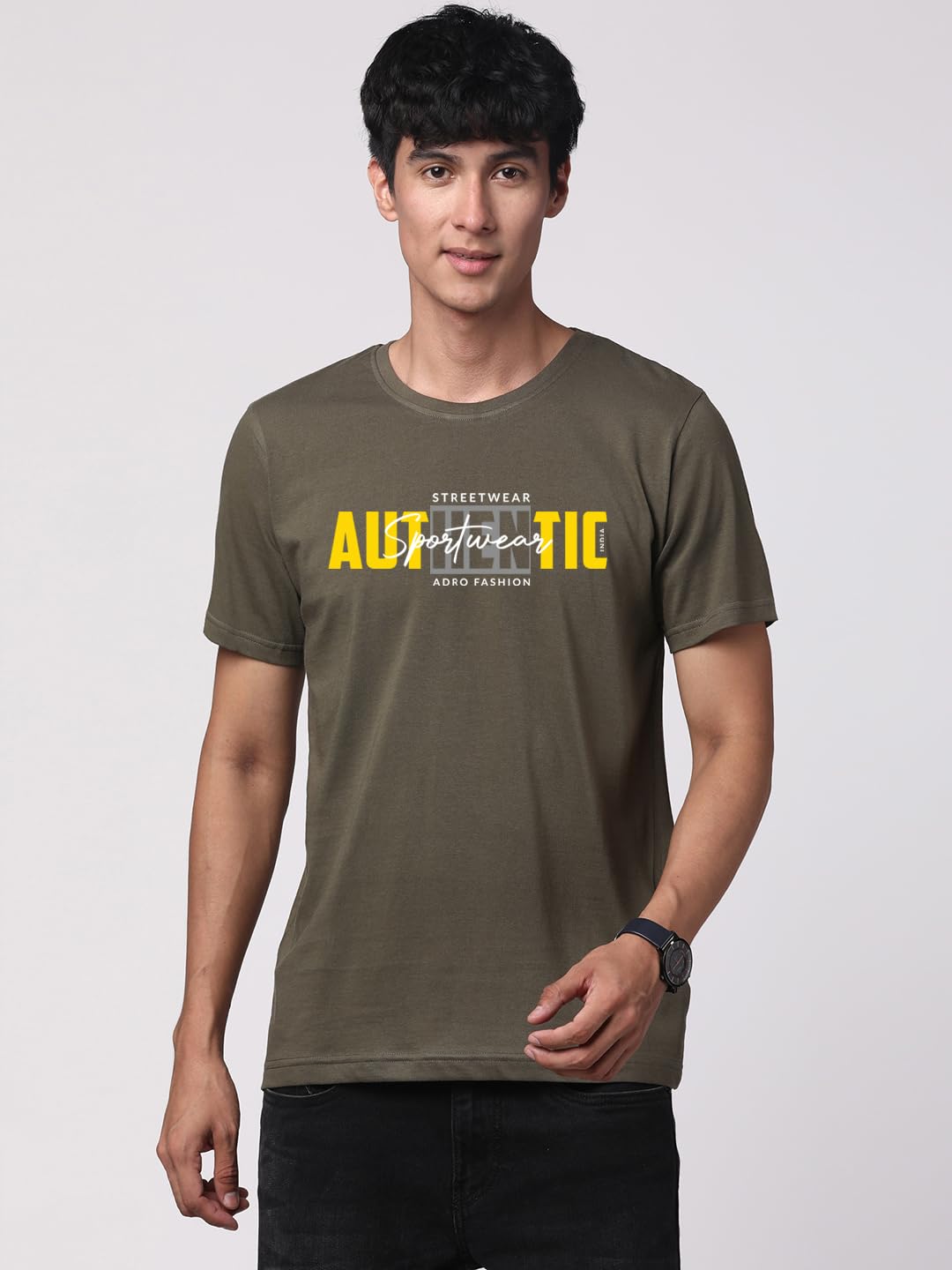 ADRO Men's Graphic Printed 100% Cotton T-Shirt - Regular Fit, Printed T-Shirts for Men (RN24-SPT-OL_Olive)