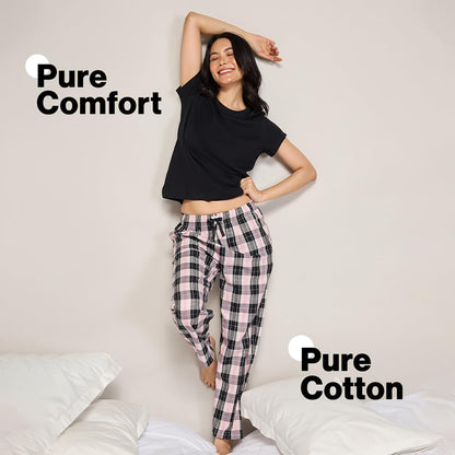 NYKD (NYS141 Checked Pure Cotton Pyjama Sleepwear Pants for Women | Relaxed Fit with Non-Slip Elasticated Waistband, Adjustable