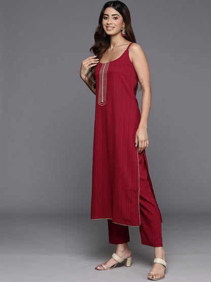 Varanga Women Maroon Round Neck, Spaghetti Strap Style Straight Kurta Paired With Tonal Bottom And Dupatta  Stylish & Comfortabl