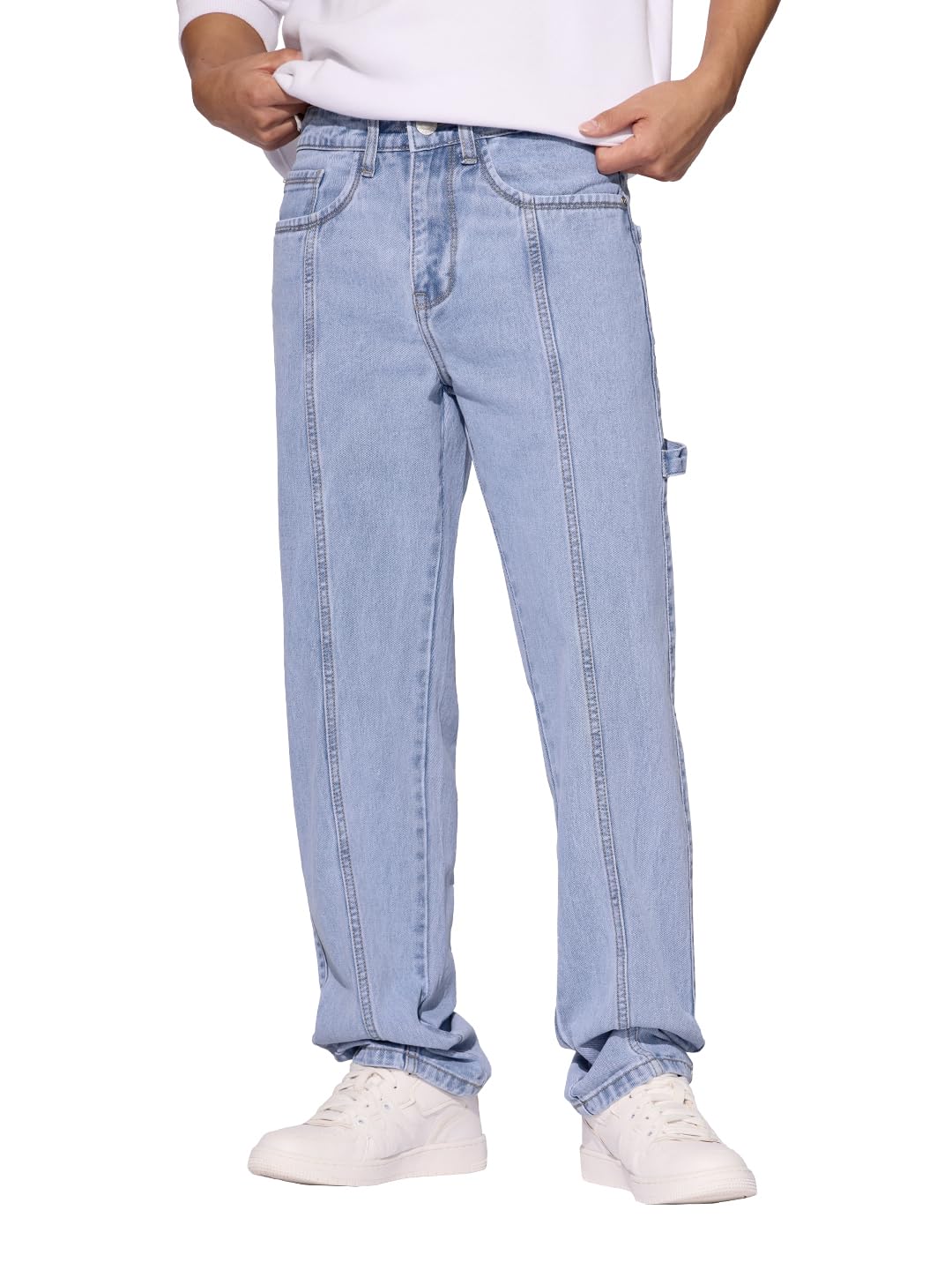 The Souled Store Denim: Light Blue Men and Boys Buttoned Solid Cotton Blend Straight Fit Jeans