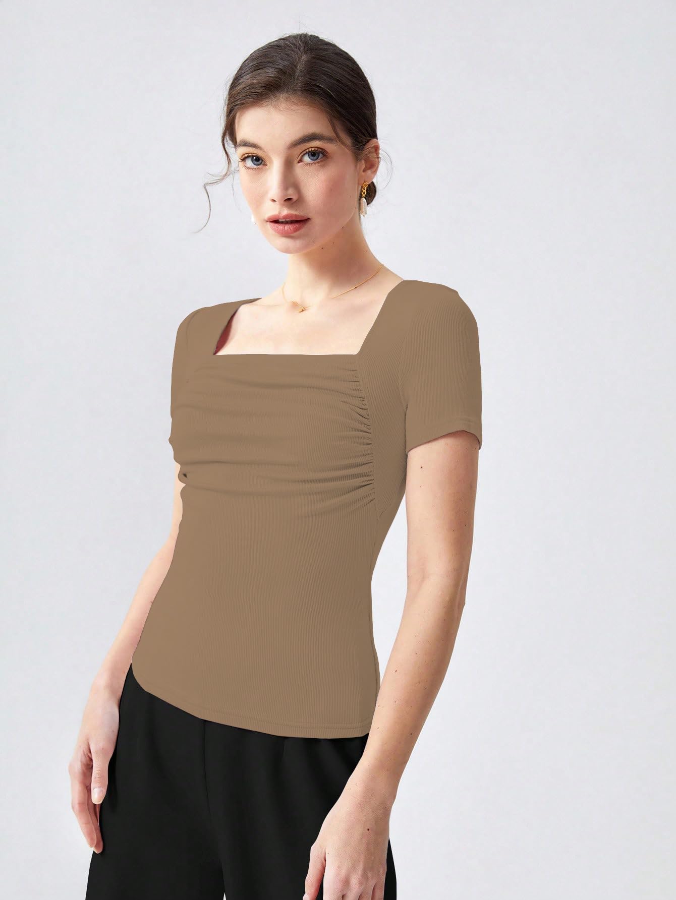 Shasmi Womens & Girls Brown Womens Summer Square Neck Solid Color Ruched Tee Workwear Pleated Casual t-Shirt for Women (Top 1