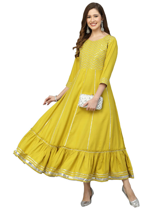 Stylum Women's Embroidered & Embellished Rayon Anarkali Kurta (SWEETCORN_Lime Green)