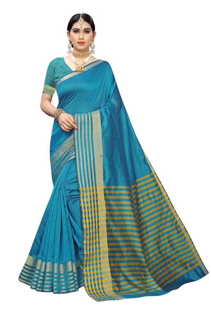 ANNI DESIGNER Womens Sky Blue Color Cotton Silk Saree With Blouse Piece (EMILY_SKY_Free Size)