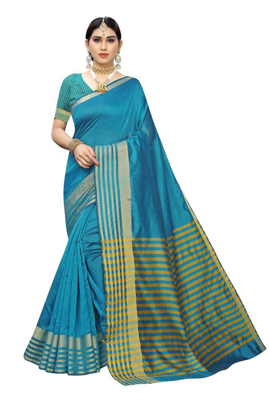 ANNI DESIGNER Womens Sky Blue Color Cotton Silk Saree With Blouse Piece (EMILY_SKY_Free Size)