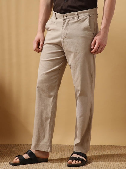 Dennis Lingo Men Oat Milk Solid Straight fit Trousers