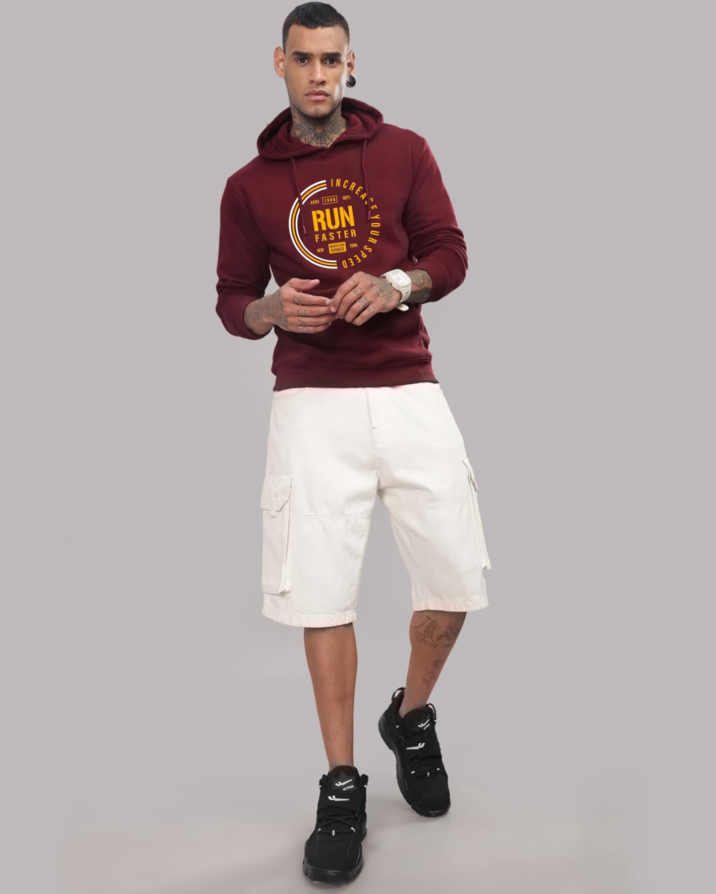 ADRO Men's Cotton Neck Hooded Sweatshirt (H24-FAST-MR_Maroon