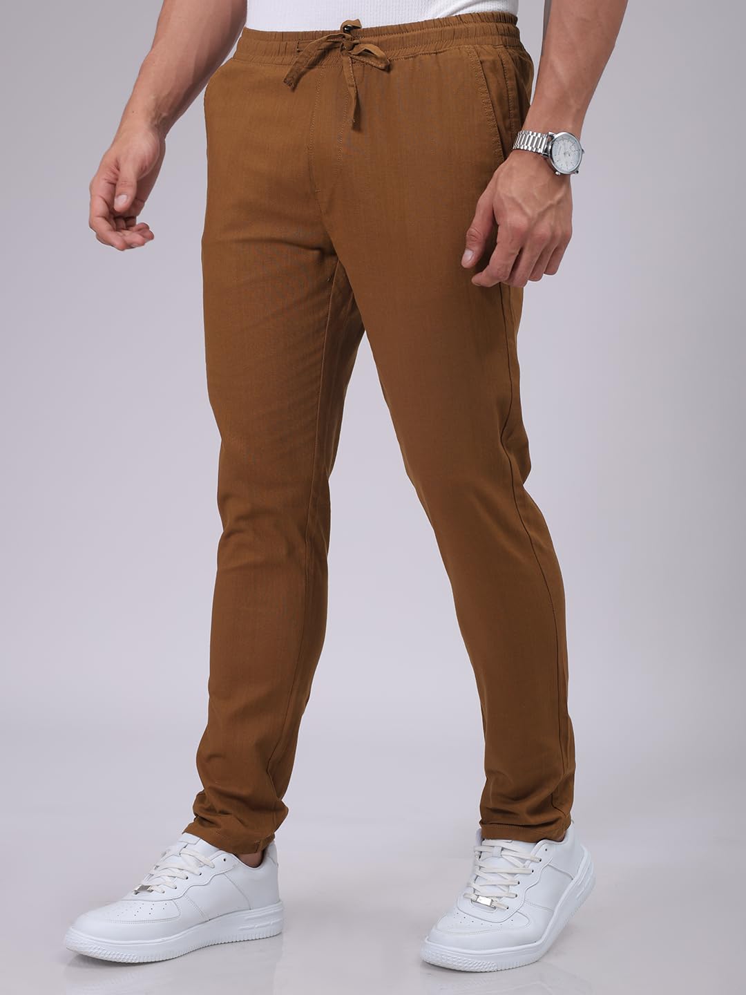 The Indian Garage Co Men Slim Fit Solid Mid-Rise Elasticated Linen Jogger Trouser Bronze Brown
