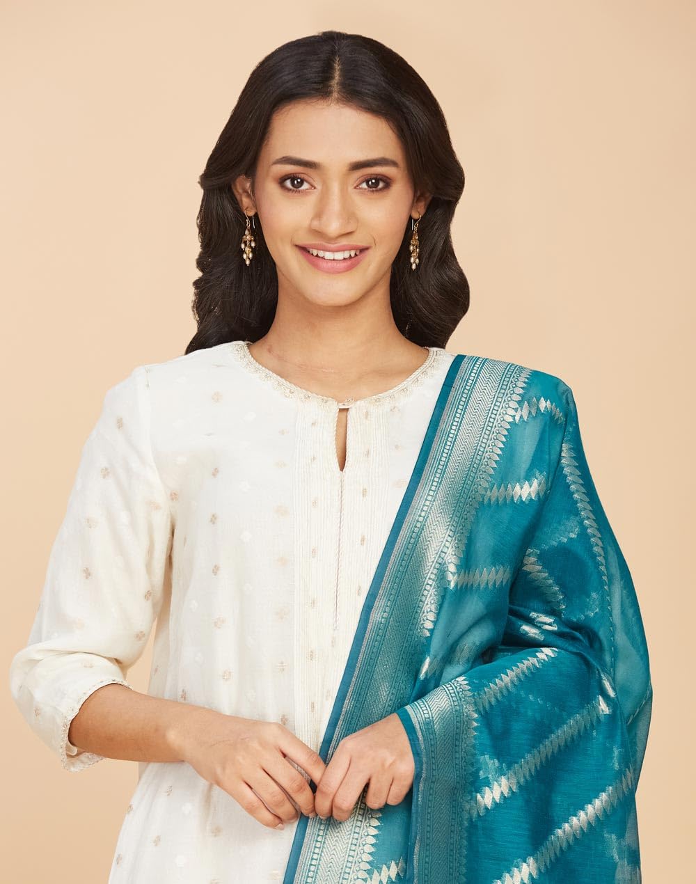Fabindia Teal Cotton Silk Woven Dupatta | Regular | 1 Dupatta | Celebration | Woven | Free Size | 2105031TEAL
