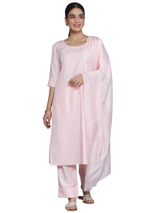 Libas Womens Self Design Silk Blend Straight Kurta With Palazzos And Dupatta