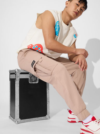The Souled Store Solids: Coffee Cream Men and Boys Drawstringed Cotton Blend Slim Fit Cargo Joggers