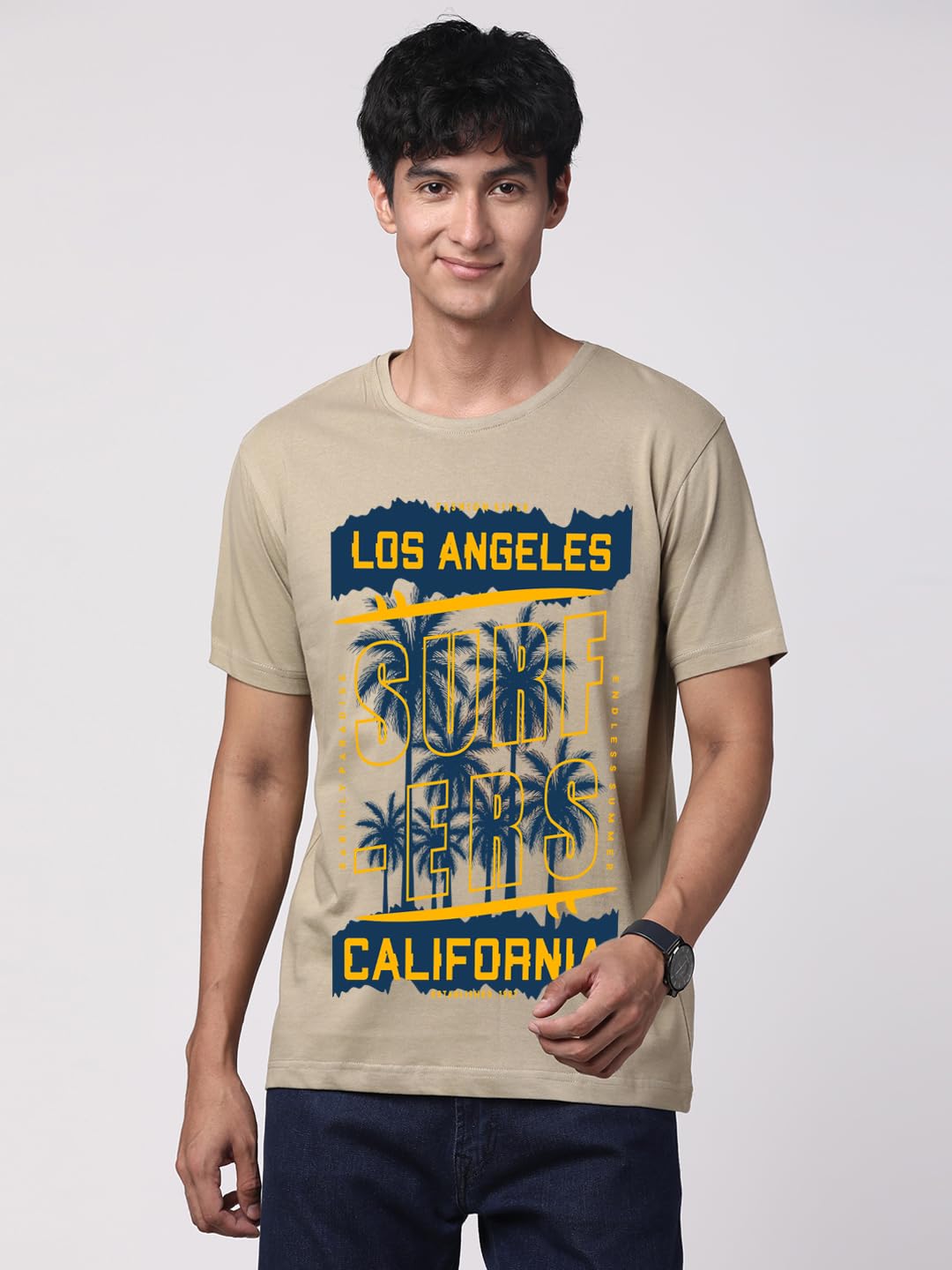 ADRO LA Surfers California Printed T-Shirt for Men - 100% Cotton, Regular Fit, Soft Breathable Fabric. (RN23-M-SRF-BE_Beige)