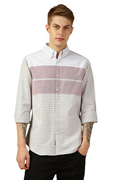 Dennis Lingo Men Maroon Stripes Regular Fit Full Sleeve Button Down Collar Shirts