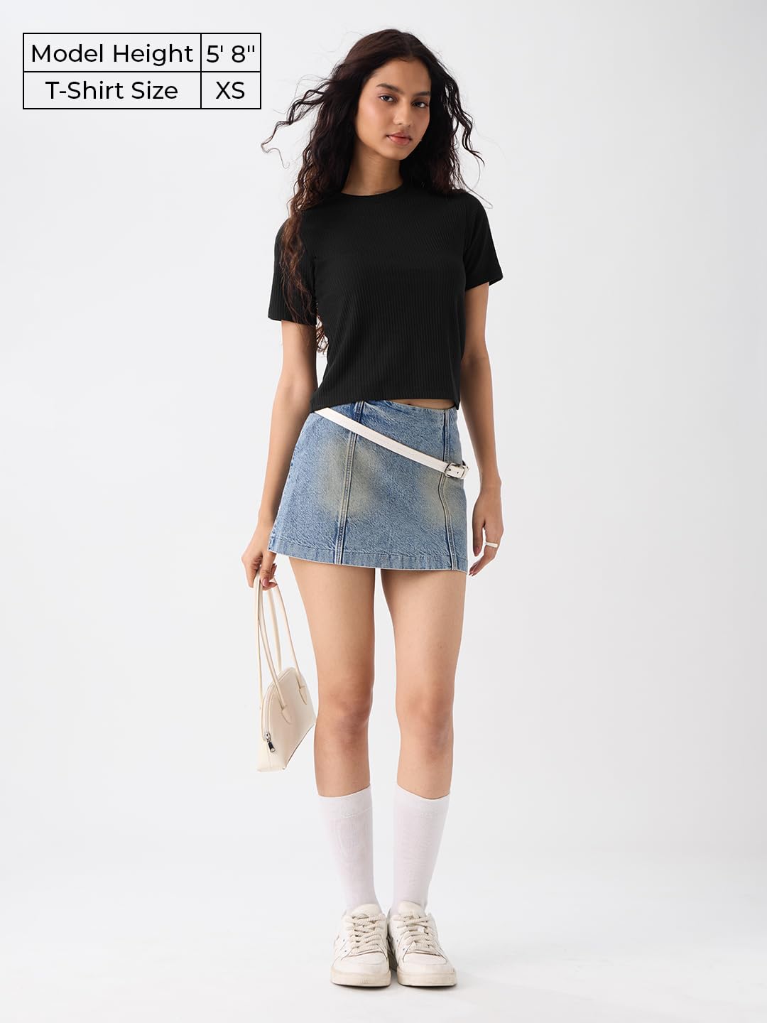 The Souled Store Ribbed T-Shirt: Black Women and Girls Short Sleeves Round Neck Polyester Blend Regular Fit T-Shirts