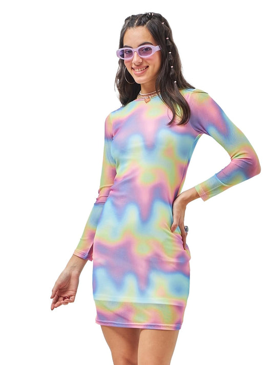 Bewakoof Air 1.0 Womens All Over Printed Slim Fit Full Sleeve Round Neck Poly Mesh Bodycon Dress 614079 Multicolor 2XL